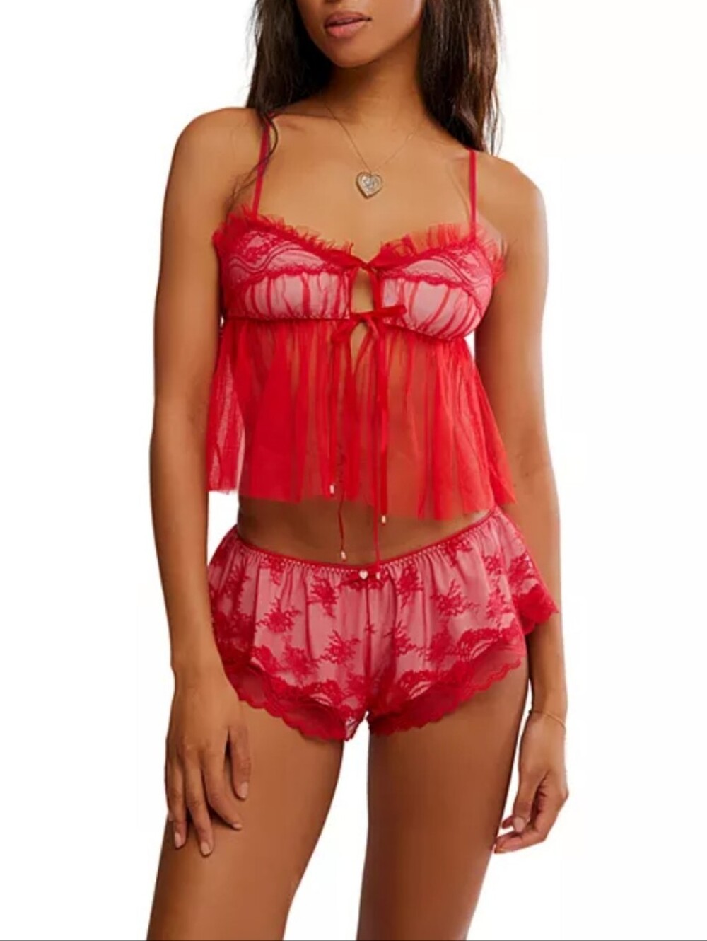 Free People Nightcall Boudoir Top & Shorts, 2-Piece Red Lace Babydoll, NWT M